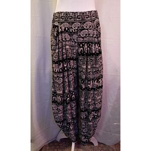 Boho Black White Elephant Paisley Print Stretch Harem Pants Pockets One Size
